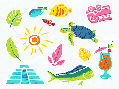 Tropical beach fish illustration leaf mayan sun tropical turtle