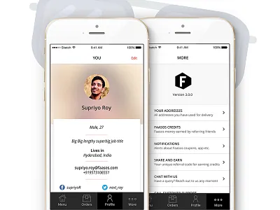 User Profile and Menu Options app faasos flat food ios menu profile ui ux