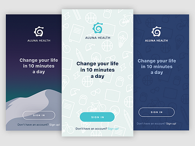 Launch screens for Aluna Health health illustration launch lifestyle mobile screen sign in sign up sport ui
