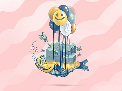 Flying FIsh ballon blue crown design fish flying fresh illustration king logo smile work
