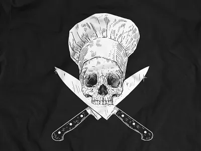 Skull & Knives black and white chef cook graphic design illustration rock bottom screen printing skull