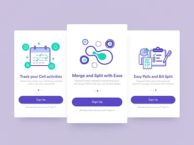 Cell App - Onboard Tour Screens app cell illustrations onboarding purple tour turquoise user onboard violet walkthrough