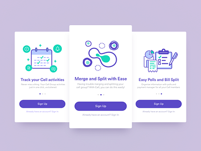 Cell App - Onboard Tour Screens app cell illustrations onboarding purple tour turquoise user onboard violet walkthrough
