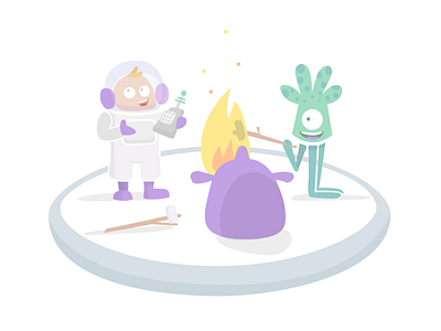 Space marshmallow roasting alien astronaut character fire floating illustration marshmallow monster platform space walkie talkie white