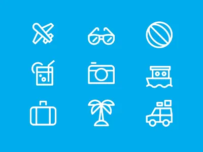 Travel Icons ball boat camera car drink icons line logo palm tree plane suitcase travel