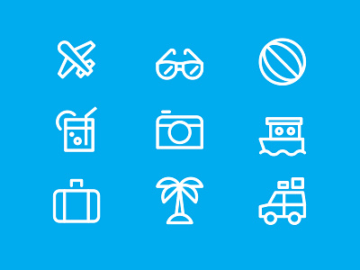 Travel Icons ball boat camera car drink icons line logo palm tree plane suitcase travel