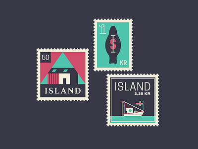 Iceland boat cabin flag house iceland island mountain postage seal stamps