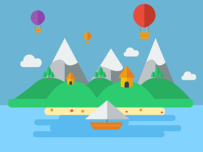 Island Tour balloons beach flat design illustration island water