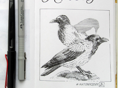 Day 23 Ravens black and white drawing etching graphic gravure illustration ink woodcut