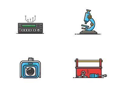 Icon set camera cctv icon illustration microscope network router server toolbox tools vector