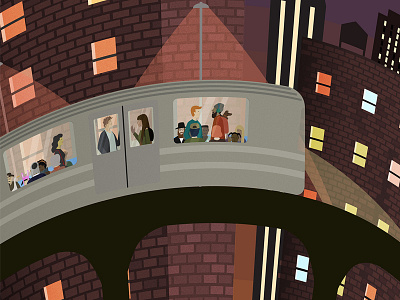 Subtunes poster city commute duck houses lights night people poster subway train