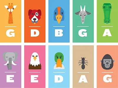 Marimba Music Notation Illustrations alligator ant bald eagle bird dog duck elephant giraffe goat gorilla music notation