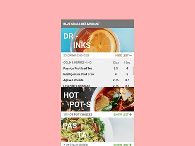 Daily UI - Food/Drink Menu daily ui drinks food menu minimal pasta photos scroll ui user view