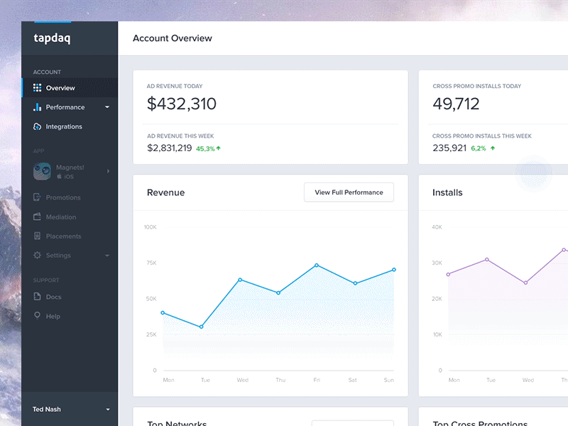 Tapdaq - New Features (Animation) app dashboard export graph ios performance profile stats summary table time ui