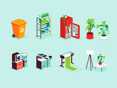 Staples furniture icons illustration isometric office patswerk plant printer vector