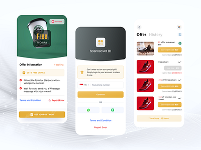 Voucher Scanner - Mobile Design Cncept app design clean coffee coupon daily ui gift gold light mode list log in mobile design product design scan shoes sign in ui ux voucher yellow