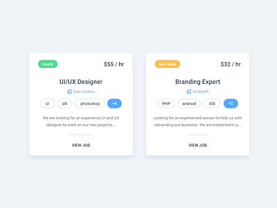 Jobs app cards description freelancer jobs material design rate remote work skills tags