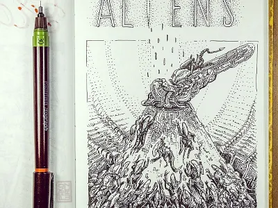 Day 26. Aliens black and white drawing etching graphic gravure illustration ink woodcut