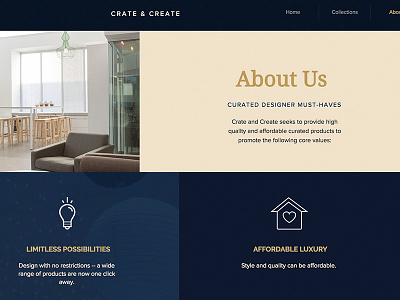 About page about page crate and create furniture icons interior typography web design website