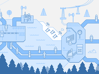 Softronic Illustration blue equipment illustration lake lines man path person sidewalk three wireless