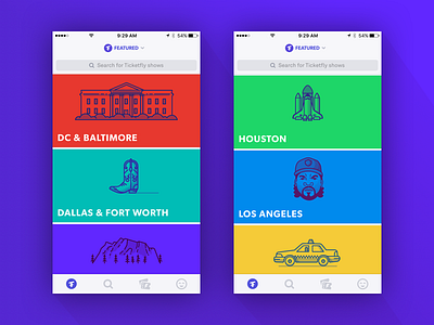 Creating Illustrations for the Ticketfly iOS app cards city ice cube icon illustration list product