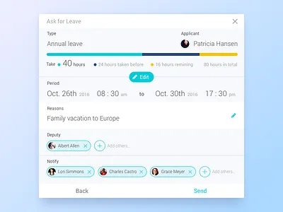 UI Kit | Leave application bar card deputy leave member notify period reason request time ui ui kit
