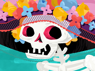 La Catrina (aka "Elegant Skeleton”) blue brushes dead magenta painterly red skeleton skull teal yellow