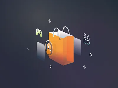 Fulldive VR Market Place Illustration 3d fulldive game graphic design illustration low poly orange shopping bag vector virtual reality vr