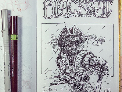 Day 29 Captain Black cat black and white drawing etching graphic gravure illustration ink woodcut