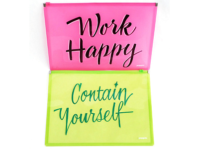 Work Happy, Contain Yourself calligraphy colorful container store hand lettering lettering poppin