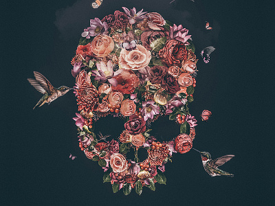 Dreaming in Darkness bird butterfly dragonfly flowers skull