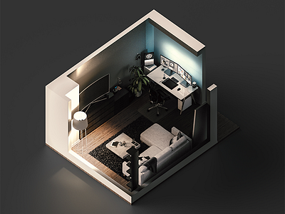 Isometric Living Space 3d c4d cg cgi cinema 4d gi global illumination isometric lighting model modeling render