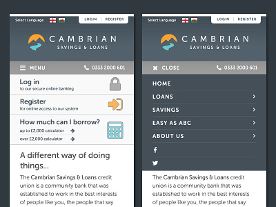 Cambrian Credit Union mobile navigation bank flat homepage navigation ui design ux design web design website website design