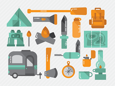 camping. camp camping hiking icons nature outdoors travel vector