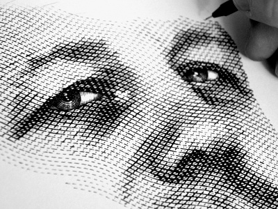 Transferwise 'etched' portrait black and white dollar bill etching style eyes hand drawn money pen pencil portrait traditional