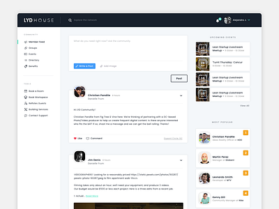 Feed UI app card comment events feed layout network sidebar social ui ux web