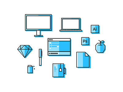 Essential apple code icons illustration laptop monitor mug pen rubber sketchapp