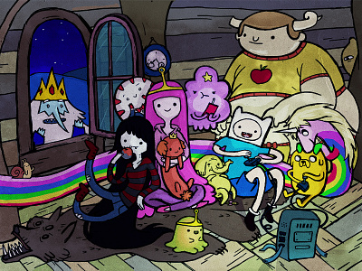 Game Night in the Treehouse adventure time bmo finn ice kind jake marceline photoshop princess bubblegum rainicorn snail