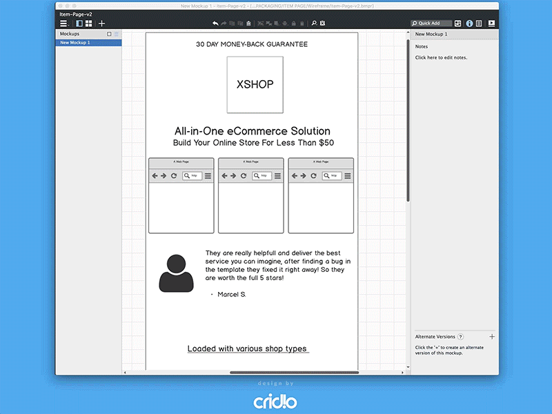 XShop Theme Item Page Wireframe to Mockup theme woocommerce wordpress