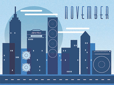 November amplifier amps calendar city digital illustration four color illustration music november skyline skyscrapers speakers