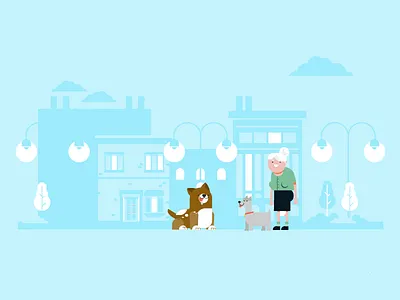 Granny Goes to Town buildings dogs hag lady old street trees