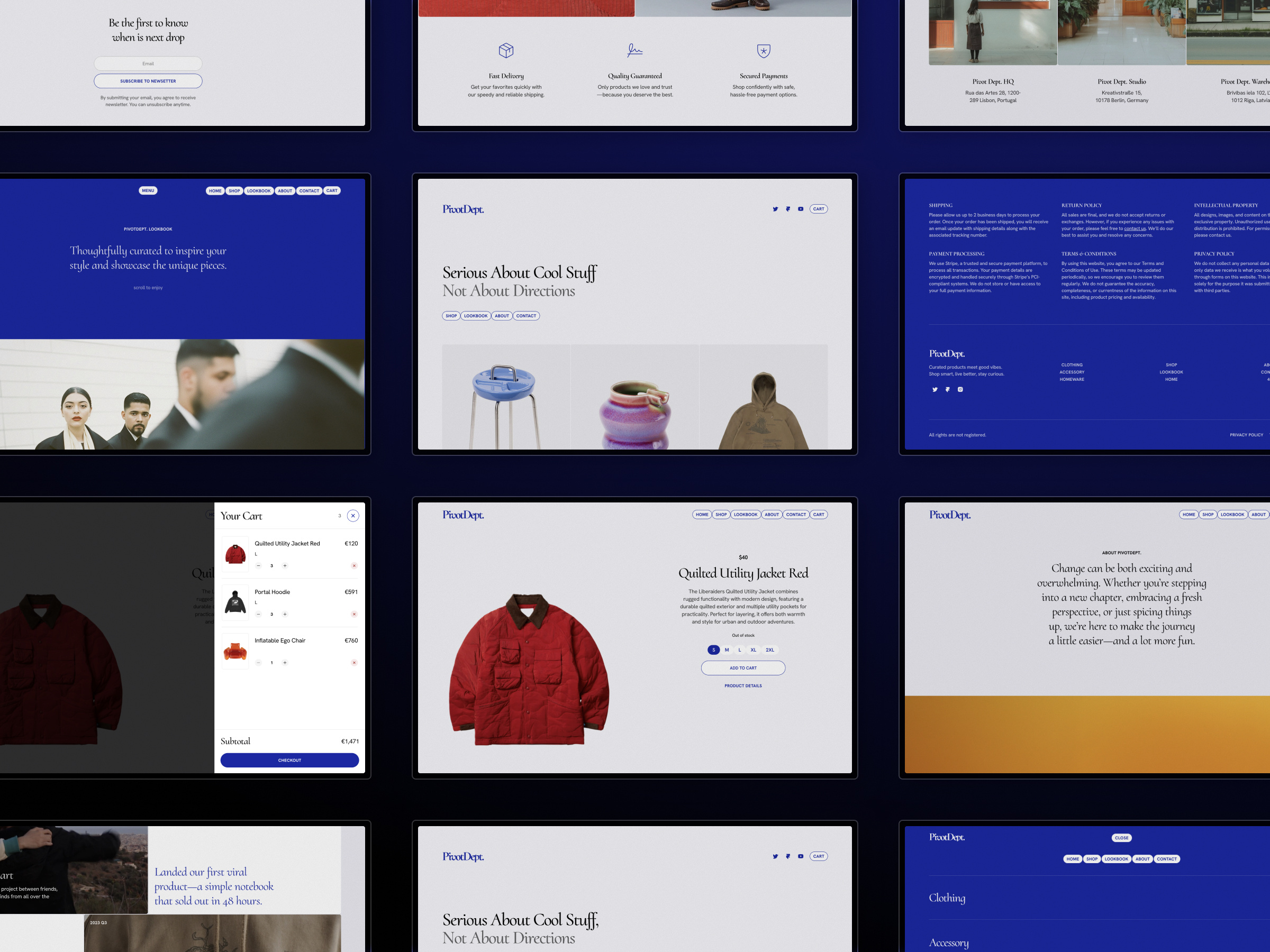 PivotDept. Framer shop template blue e commerce ecom famer list products shop store storefront template wbsite