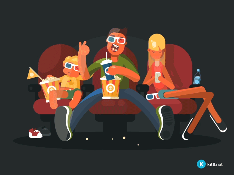 Family in cinema 2d animation cinema colors design family flat gif giphy kit8