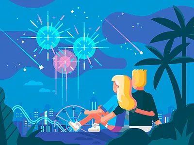 Stars 2d boy characters firework flat girl illustration night park shape star vector