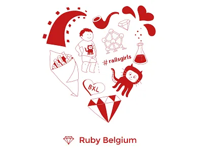 Railsgirls Brussels Sticker brussels doodles fries github heart manneken pis potion rails red ruby