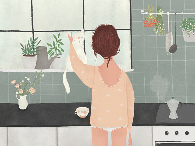 Morning cat coffee girl goodmorning illustration kitchen morning photoshop skandinavian