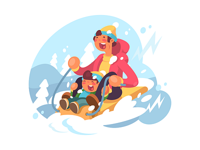 Riding a mountain sled boy family father flat fun illustration kit8 man mountain snow vector winter