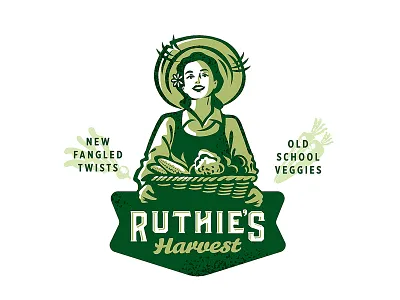 Ruthie's Harvest basket branding classic design farmer graphic design harvest hat identity illustration lady logo organic recepie retro retro style retro style illustration vector vegetables vintage