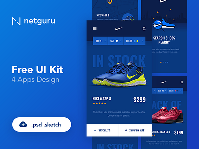 Freebie - Nike Nearby App - PSD app blue freebie ios map mobile onboarding pin search shoes stock watchlist