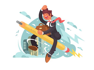 Businessman on pencil businessman education flat fly illustration kit8 man manager pencil rocket strategy vector